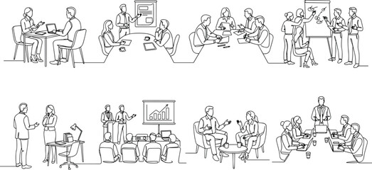 Obraz premium Business Meeting and Office Collaboration Line Art Collection for Corporate Teamwork Vector Set