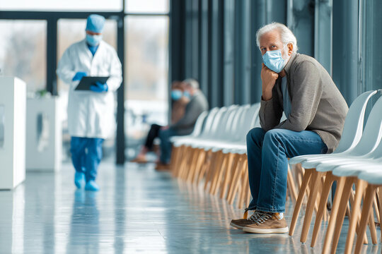  Momento de atenci&oacute;n m&eacute;dica tranquilo que muestra la vulnerabilidad, la anticipaci&oacute;n y la seguridad del paciente dentro de un entorno de espera cl&iacute;nica moderno.