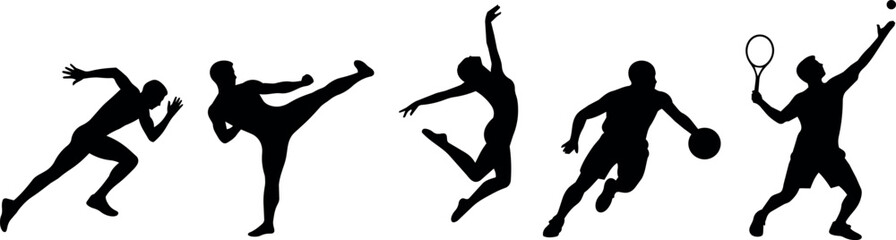 Obraz premium Diverse athletes in motion: runner, martial artist, dancer, basketball player, tennis player