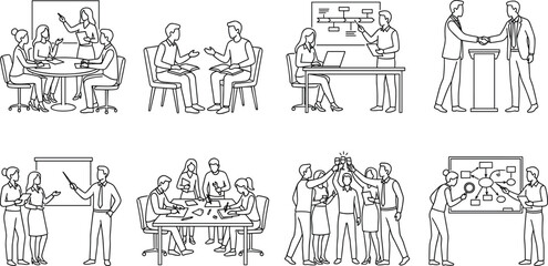 Obraz premium Business Teamwork and Office Meeting Line Art Collection for Corporate Collaboration Vector Set