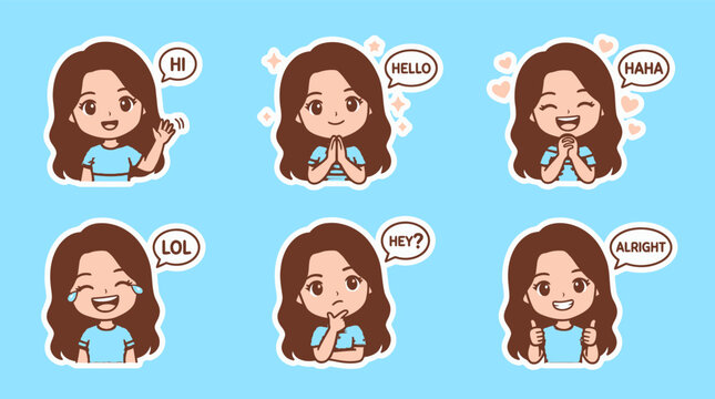 Set of cute anime girl stickers with various emotional expressions and speech bubbles.