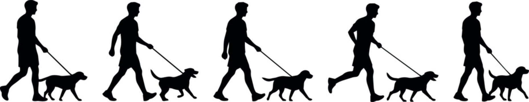 Man walking and running with dog on leash, sequence of motion