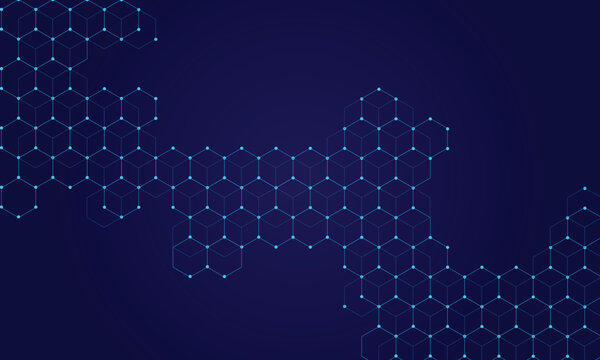 Abstract Dark Blue Technology Background. Futuristic Glowing Cyan Hexagonal Plexus Network and Isometric Honeycomb Grid with Copy Space for Cybersecurity, Blockchain, and Big Data 
