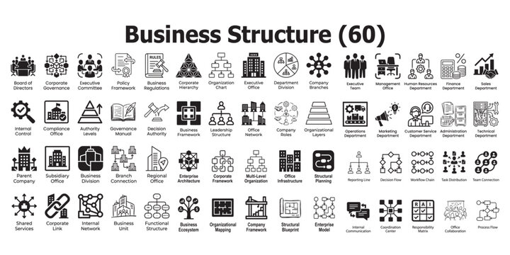Business structure icons set corporate hierarchy management operations and organizational framework illustrations