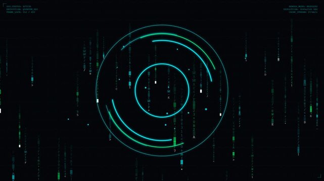 Futuristic Digital HUD Interface Background with Glowing Circular Radar Scan and Falling Matrix Code Data Streams. Perfect for High-Tech Sci-Fi User Interface UI Projects