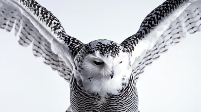Snowy owl flapping wings against white background.