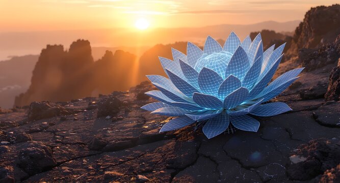 Futuristic blue lotus flower with glowing grid petals on a rugged rocky surface at golden sunset. Sci‑fi nature fusion, hope and renewal concept with cinematic light.