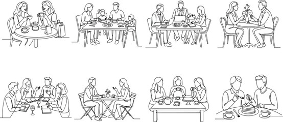 Obraz premium Dining and Social Gathering Line Art Collection with Family Friends and Restaurant Scenes Vector Set