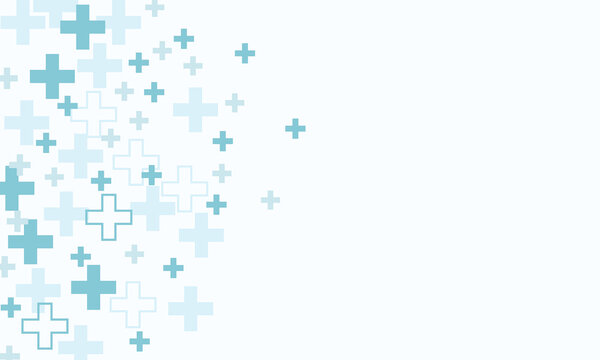 Abstract Medical Plus Signs Pattern Healthcare Background. Minimalist Light Blue Crosses with Right Copy Space for Clinic, Pharmacy, and Hospital 