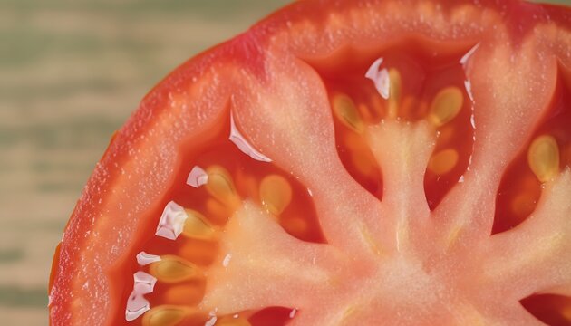 Bright red tomato slice showing juicy seeds and rich internal texture