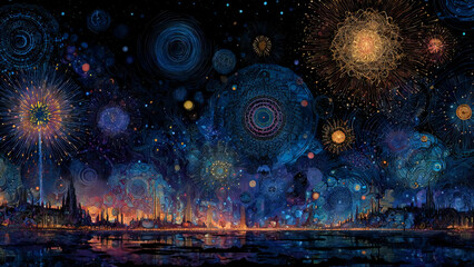 Vibrant Fireworks Exploding Over A City Skyline At Night With Reflective Water In A Festive Mood