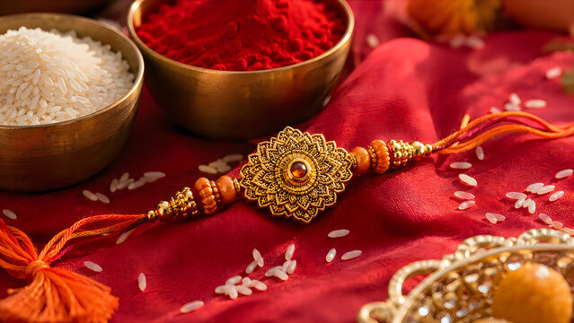 Traditional Rakhi bracelet on red silk fabric, ornate gold Raksha Bandhan jewelry with kumkum and rice, festive Indian cultural celebration still life isolated on White Background ai