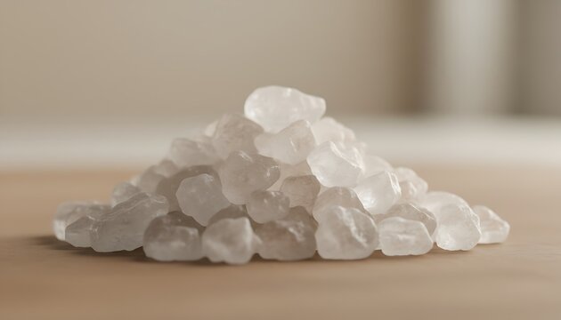 Bright white rock salt crystals piled high on a light brown surface with soft lighting