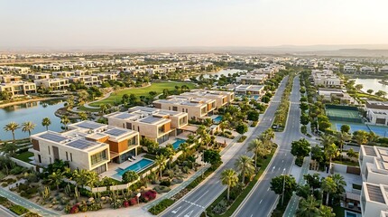 Fototapeta premium Modern luxury villas with solar panels and swimming pools in a desert oasis