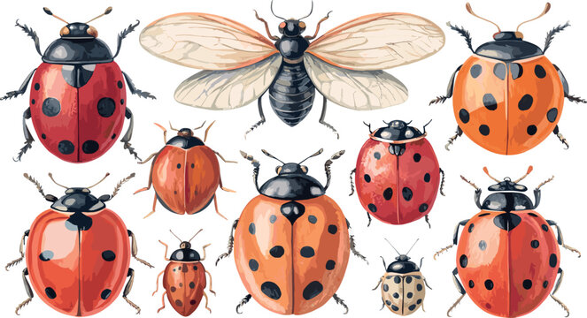 Beautiful ladybug insects vector illustration set featuring detailed colorful ladybirds with black spots cicada wings and crawling bugs isolated on a white background.