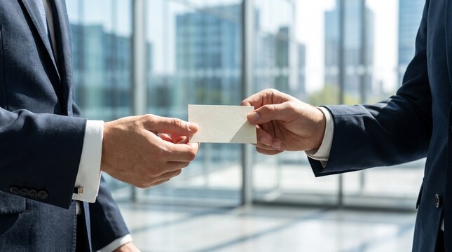 Corporate colleagues sharing blank business card during professional interaction