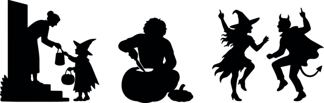 Halloween silhouettes of trick-or-treating, pumpkin carving, and dancing witches and devils
