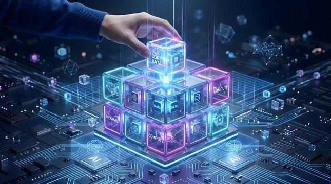 Enterprise data architecture concept with hand placing glowing core data cube into futuristic quantum computing network processor
