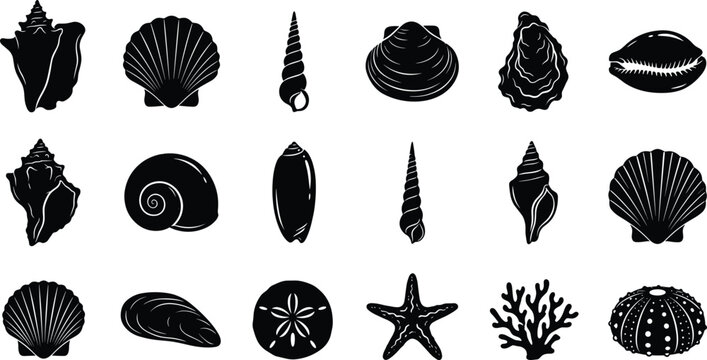 Seashell and Marine Life Black Silhouette Vector Collection with Coastal Ocean Elements