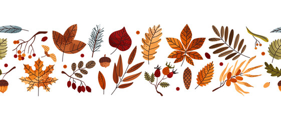 Fallen autumn leaves. Seamless border. Frame. Hello fall. Herbarium. Forest. Leaves of various shapes and sizes. Maple, oak, birch, poplar, chestnut, rowan, willow, rose hips, sea buckthorn, acorn. © FRIEVA