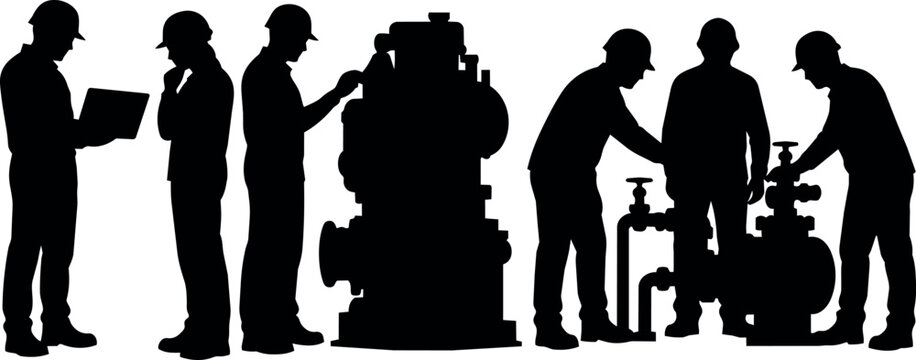 Team of engineers in hard hats working on industrial machinery and equipment