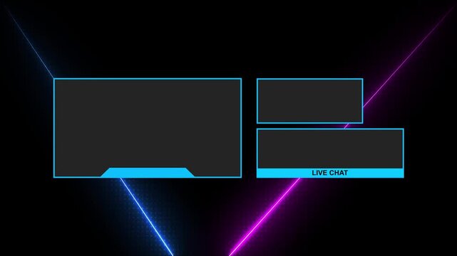 Neon Futuristic twitch stream overlays intermission screen. intermission Stream Overlay Neon Animation with chat Panels for Gaming and Streaming, 4k quality animation video.