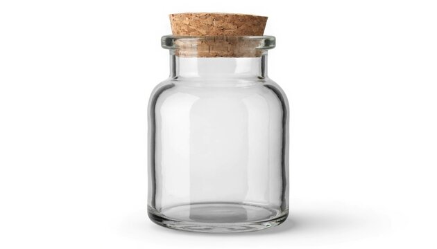 An empty clear glass jar with a cork stopper stands on a white background for packaging, craft supply, cosmetic, or sustainable storage promotions.