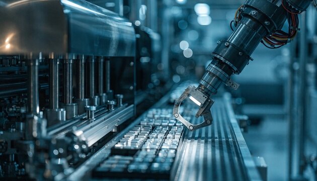 Robotic gripper works beside precision machinery on an automated production line, suited for manufacturing, robotics, and smart factory technology promotions.