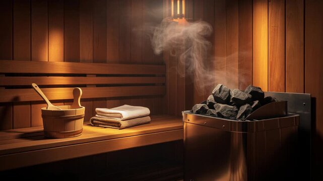 Serene sauna room with warm wooden interiors steaming hot stones and soft towels for ultimate relaxation