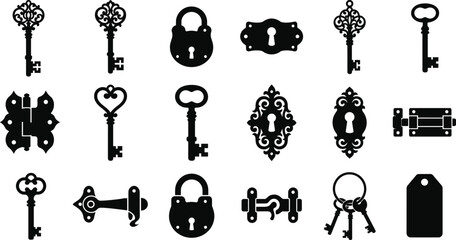 Vintage Antique Keys Locks and Door Hardware Black Silhouette Vector Icon Collection © MDARIFUL
