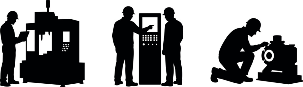 Silhouettes of workers in a manufacturing environment engaging with machinery