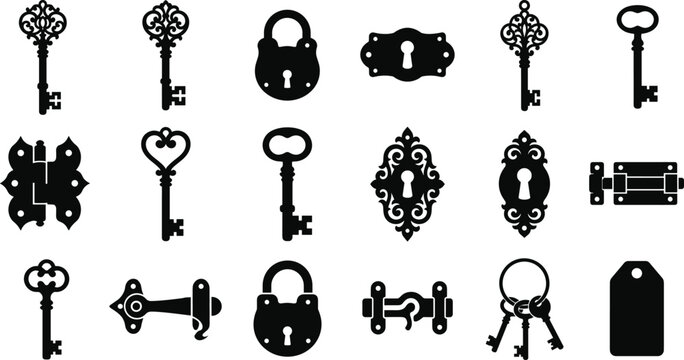 Vintage Antique Keys Locks and Door Hardware Black Silhouette Vector Icon Collection