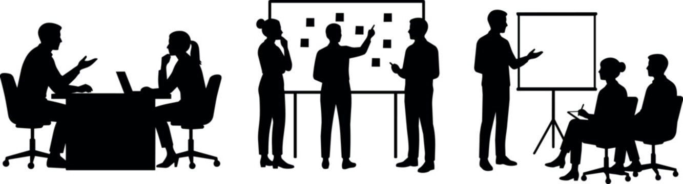 Business professionals collaborating in meetings and presentations with whiteboards