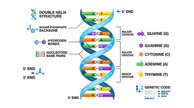 DNA Double Helix Structure - Genetic Code, Nucleotide Base Pairs, Sugar-Phosphate Backbone