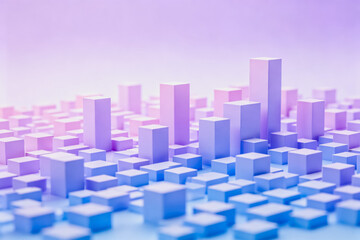 Fototapeta premium A 3D rendered abstract scene of gradient pastel colored cuboid blocks arranged in a layered, elevated structure with soft lighting.