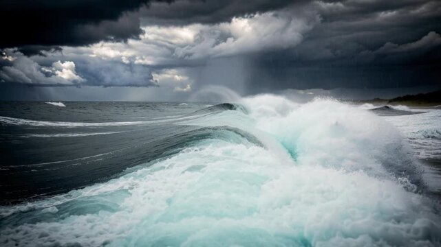 Powerful ocean storm with massive crashing waves and dark stormy clouds over rough sea