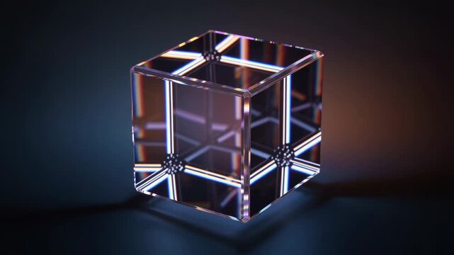 Glowing transparent crystal cube gently rotating in dark room with soft reflections and ambient lighting