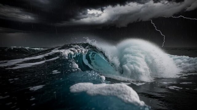 Fierce ocean storm with crashing waves and flashing lightning over dark turbulent sea