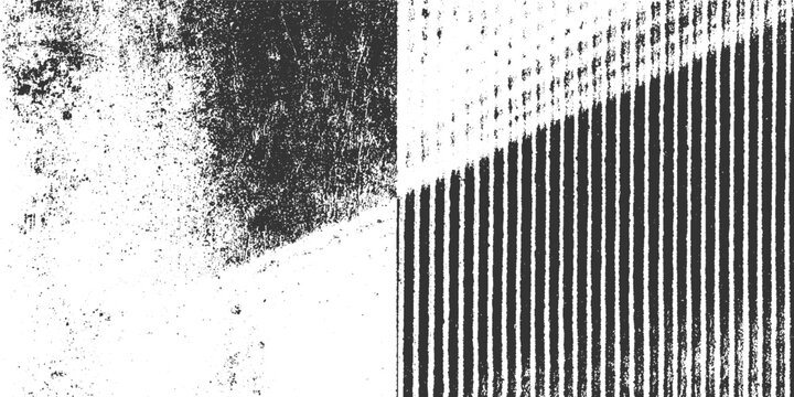 Split with rough textured black and white grunge on left and vertical dark lines on white on right abstract