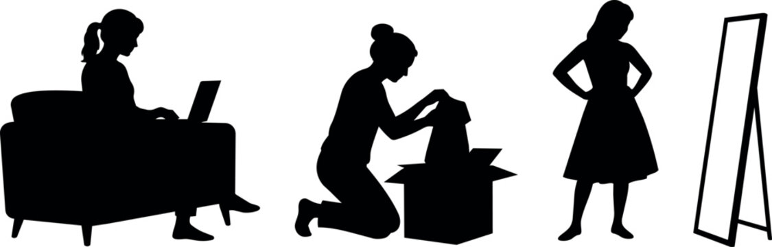 Woman's online shopping journey from ordering to trying on clothes