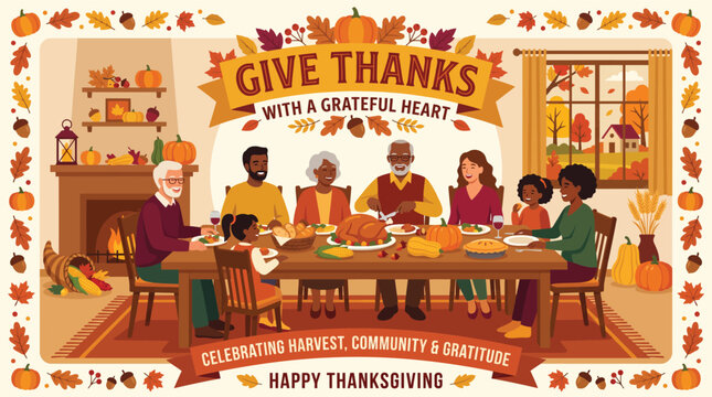 Flat vector Thanksgiving poster - harvest elements, gratitude message, warm colors, family gathering theme, cultural respect shown.