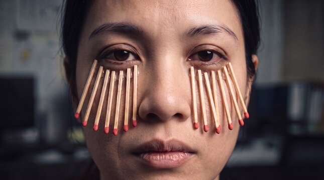 Mujer debajo de sus ojos tiene pegadas verticalmente docenas de cerillas