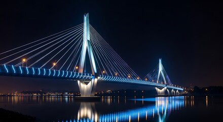 Obraz premium Large cable stayed bridge illuminated with bright blue neon lights