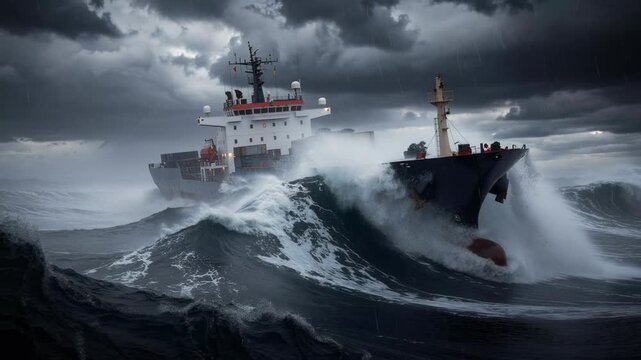 Cargo ship battling towering waves in a violent storm with heavy rain and dark skies at sea