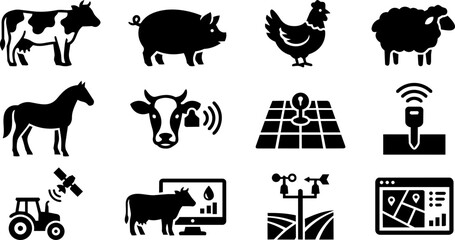 Farm Animals and AgriTech Silhouette Icon Set – Livestock, Precision Farming, Smart Agriculture and Farm Technology © Mediasegment