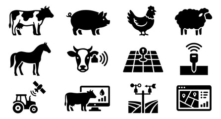 Farm Animals and AgriTech Silhouette Icon Set – Livestock, Precision Farming, Smart Agriculture and Farm Technology © Mediasegment