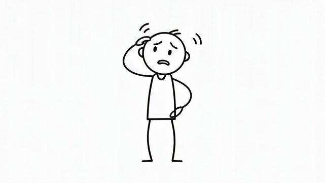 Simple black and white animation of a confused person scratching their head expressing uncertainty and puzzlement