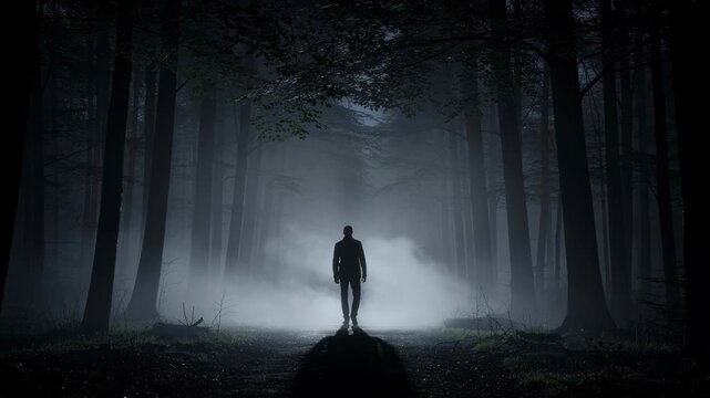 A lone figure walks through a misty dark forest path illuminated by an eerie glowing light