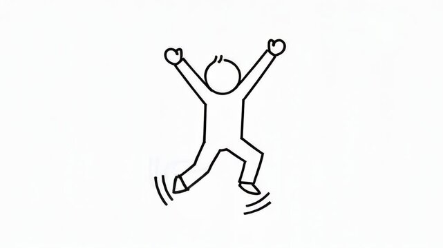 Joyful black and white stick figure animation jumping energetically expressing happiness and fun
