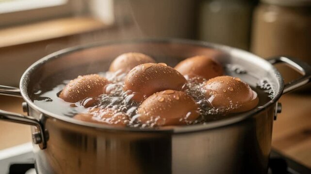Close up of brown eggs boiling in a large stainless steel pot with steam rising cooking breakfast
